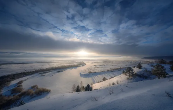Winter, the sun, clouds, landscape, nature, river, dawn, morning