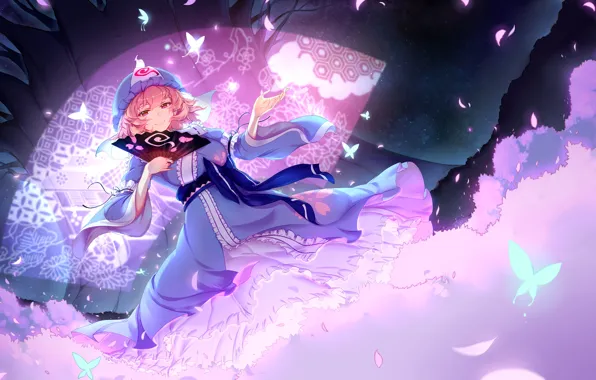 Girl, dress, fan, touhou, anime, art, saigyouji yuyuko, wu