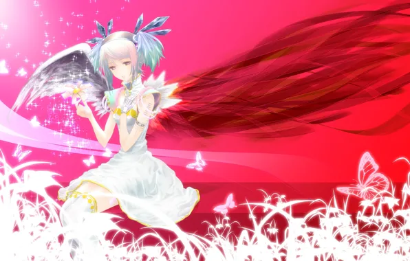 Picture girl, flowers, butterfly, wings, anime, art, crystals, nanami sora