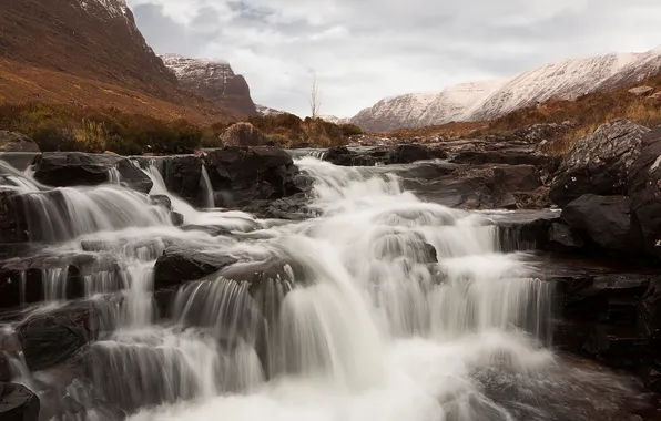 Mountains, river, waterfall, stream, cascade