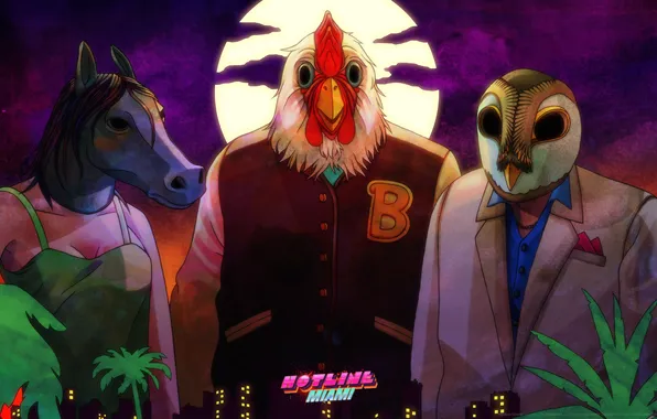 Picture owl, horse, mask, cock, 1989, Hotline Miami, 2D top-down action