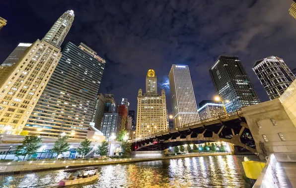 Water, night, skyscrapers, Chicago, USA, Chicago, megapolis, illinois