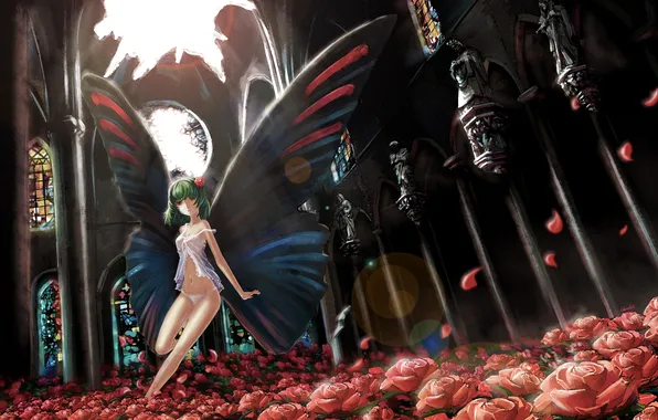 Girl, light, flowers, butterfly, figure, roses, wings, columns