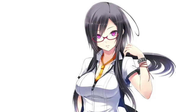 Brunette, glasses, tie, white background, blouse, bracelet, long hair