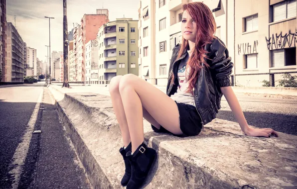 Girl, street, home, jacket, legs, redhead