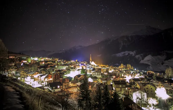 Picture winter, the sky, stars, snow, mountains, night, the city, lights