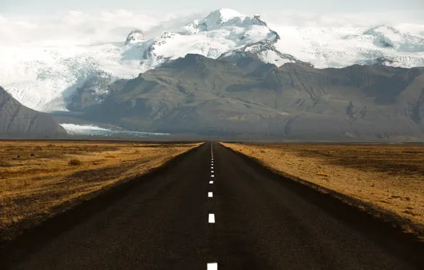 Road, snow, mountains, tops
