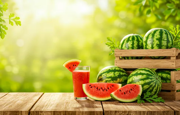 Greens, summer, the sun, light, branches, glass, Board, watermelon
