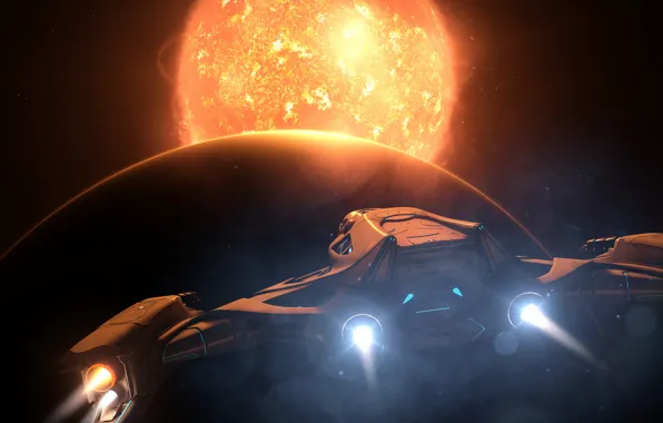 The sun, space, stars, planet, spaceship