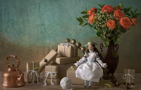 Flowers, tangle, table, roses, bouquet, doll, dress, kettle