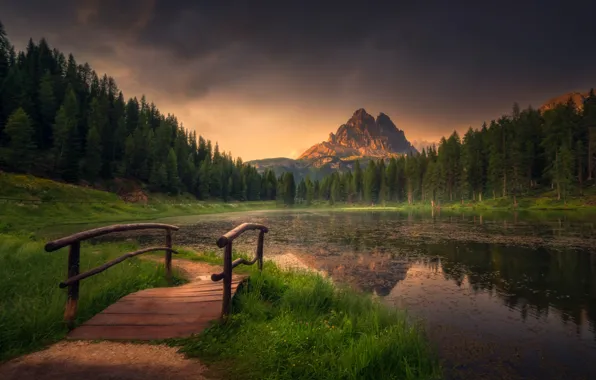 Forest, mountains, lake, the bridge
