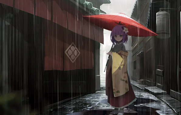 Picture girl, rain, dress, umbrella, anime, street, houses, Touhou