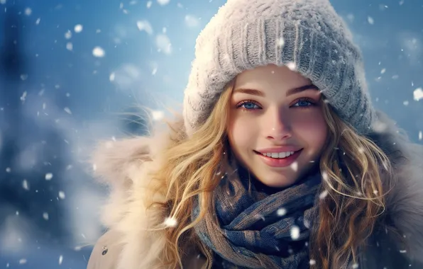 Winter, girl, snow, face, hat, scarf, Christmas, New year