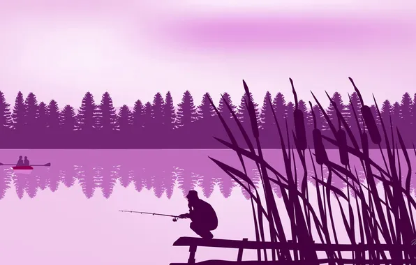 Picture forest, landscape, lake, boat, vector, silhouette, reed, fishermen