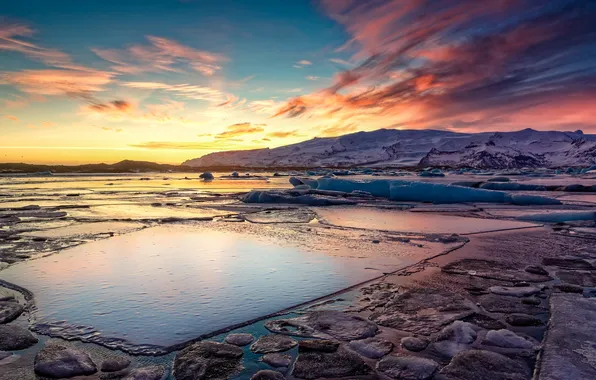 Winter, snow, nature, dawn, Iceland, Jokulsarlon