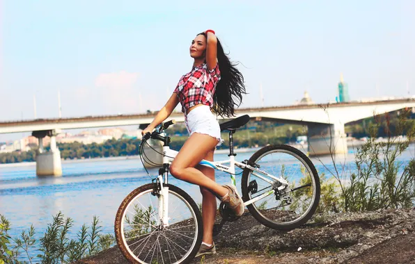 Girl, the sun, landscape, bridge, bike, river, model, shorts