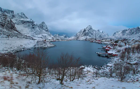 Picture mountains, rocks, Bay, Norway, house, the village, The Lofoten Islands