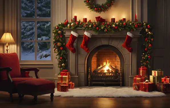 Balls, room, fire, chair, window, Christmas, gifts, New year