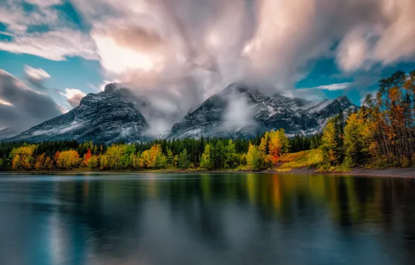 Forest, clouds, landscape, mountains, nature, lake, shore, Canada