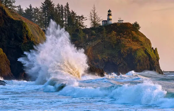 Storm, rocks, lighthouse, USA, Washington, Cape Disappointment
