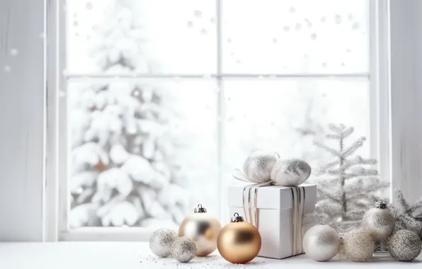 Balls, branches, silver, Christmas, white background, New year, needles, light background