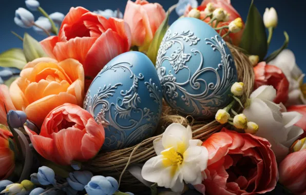 Flowers, holiday, bright, eggs, spring, blue, Easter, socket