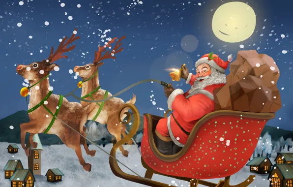 Winter, Night, The moon, Christmas, New year, Santa Claus, Deer, Bell