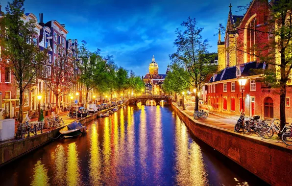 Trees, bridge, lights, home, boats, the evening, lights, Church