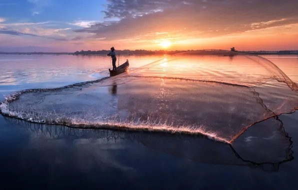 Sunset, network, lake, fishing