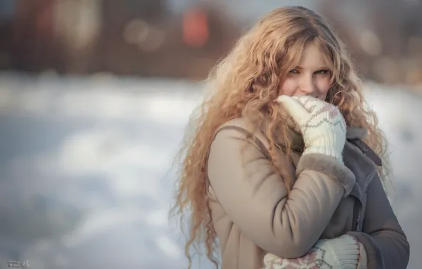 Girl, pose, blonde, curls, long hair, mittens, Alexander Volkov, Eugenie Okinchitz
