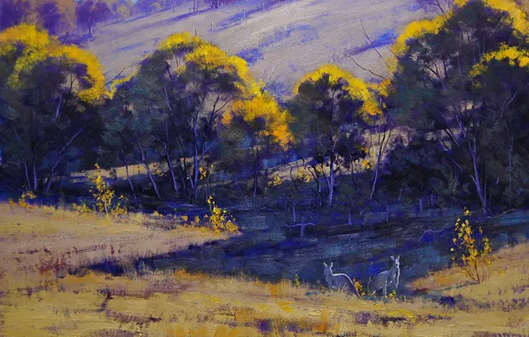 Grass, trees, nature, hills, art, kangaroo, Australia, artsaus