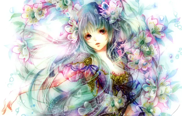 Picture girl, flowers, anime, art, green glass, we're not them