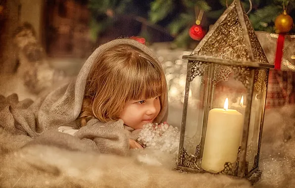 New year, child, Christmas, candle, girl
