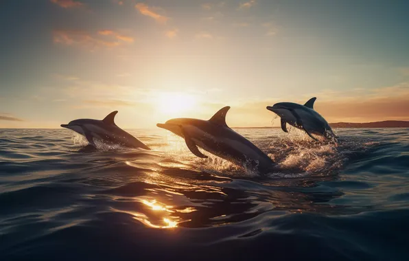 Picture Water, Sea, Jump, Dawn, Dolphins, Three, Digital art, AI art