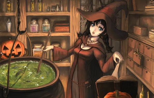 Picture girl, hat, pumpkin, book, witch, halloween, boiler, brew