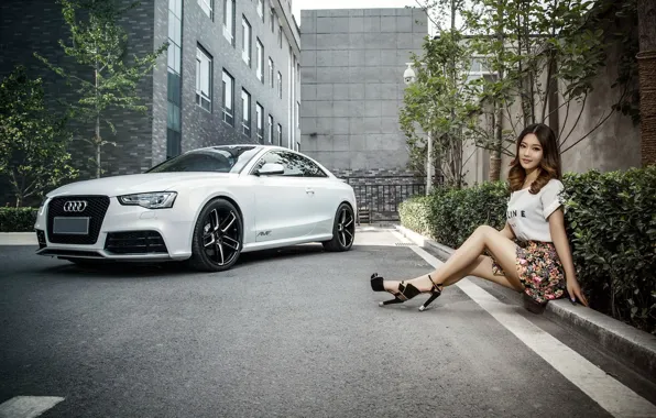 Picture look, Audi, Girls, Asian, beautiful girl, white car, sitting on the curb