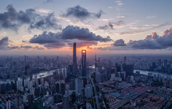 The sun, clouds, sunset, the city, dawn, building, home, dal