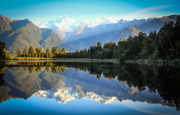 Forest, mountains, lake, surface, reflection