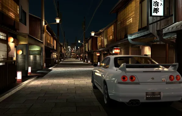 White, night, the city, Japan, nissan, gran turismo 5, skyline, gtr