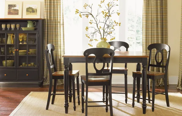 Flower, table, furniture, chairs, interior, window, dishes, vase