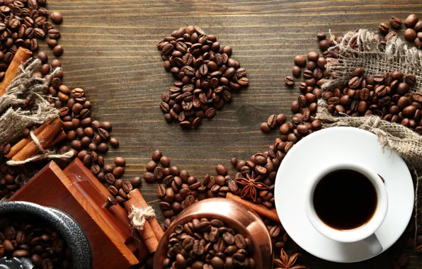 Table, heart, coffee, grain, Cup, cinnamon, saucer