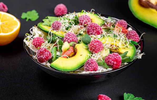 Picture sprouts, berries, raspberry, salad, avocado