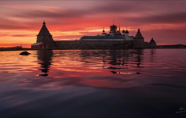 Sunset, river, Russia, Solovetsky Islands, The Spaso-Preobrazhensky monastery, Vlad Sokolovsky