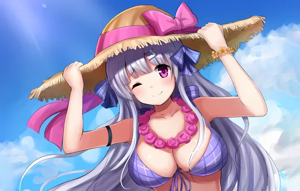 Girl, sexy, cleavage, sky, long hair, boobs, anime, beautiful
