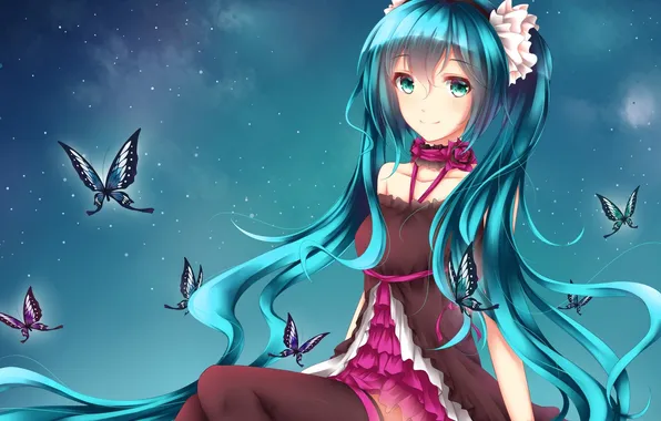 Picture girl, butterfly, smile, anime, art, vocaloid, hatsune miku, 7th dragon 2020