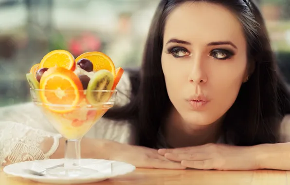 Girl, girl, dessert, dessert, fruit salad, fruit salad