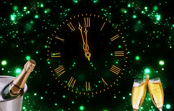 Watch, glasses, New year, dial, champagne, Christmas, New Year