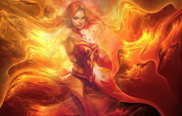 Picture girl, decoration, flame, magic, Lina Inverse, DOTA, Defense Of The Ancients