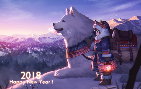 Landscape, dog, anime, art, girl, dog, 2018, esukee