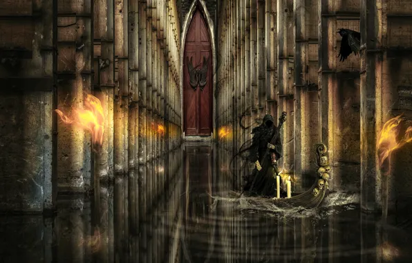 Water, light, pose, reflection, death, rendering, castle, fiction